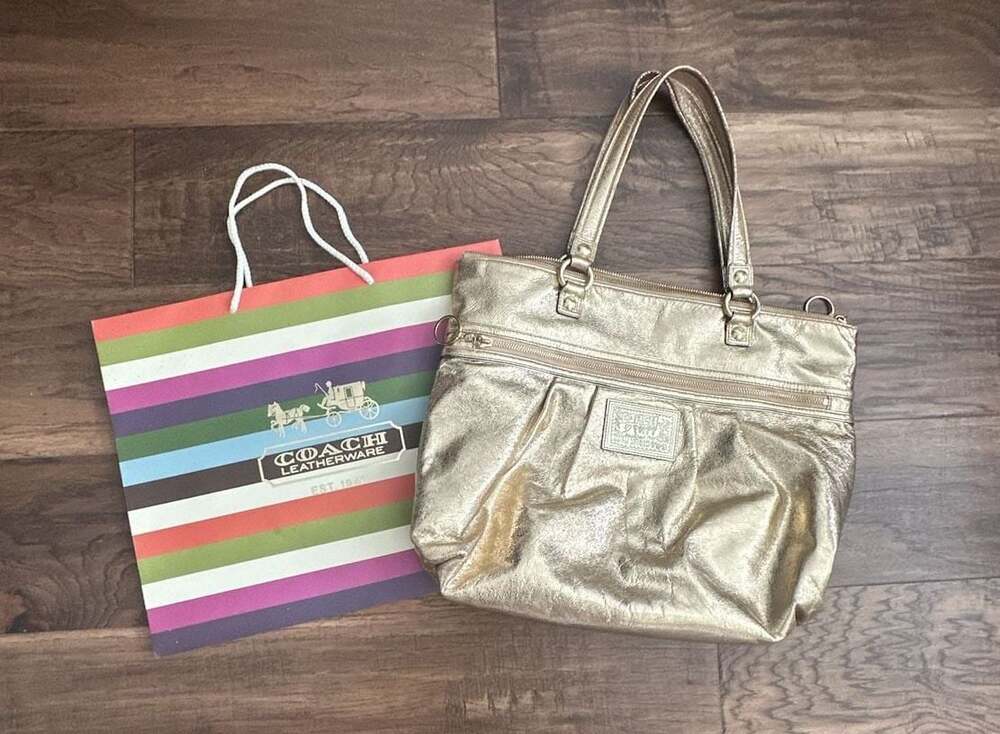 Coach Poppy Metallic Gold Leather Shoulder Bag with Pink Lining